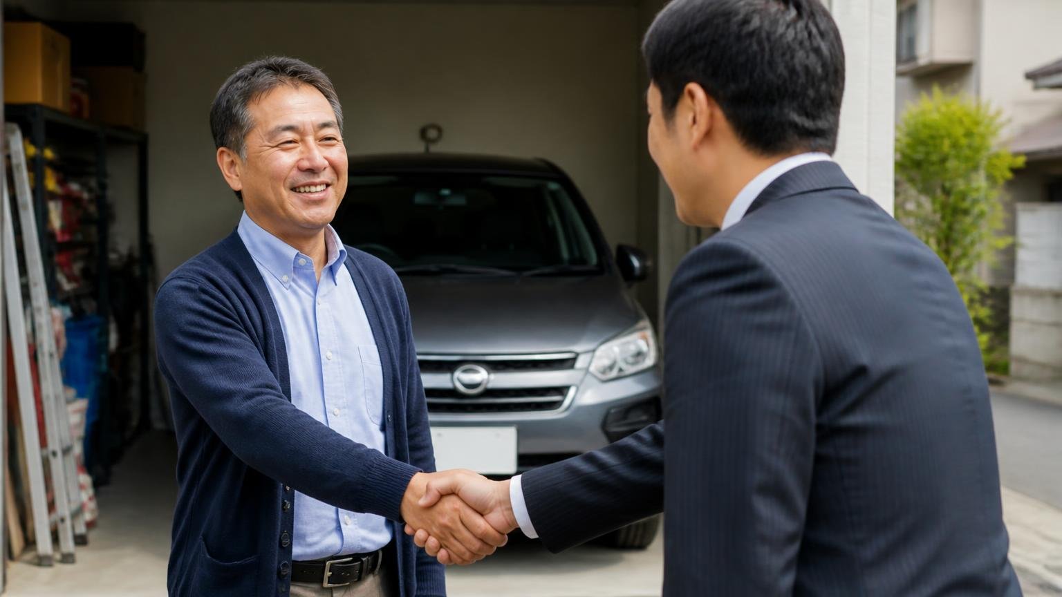 人柄が良かったからと金額を検証しなかった失敗。車庫の前で査定士と握手を交わし笑顔で見送る経営者