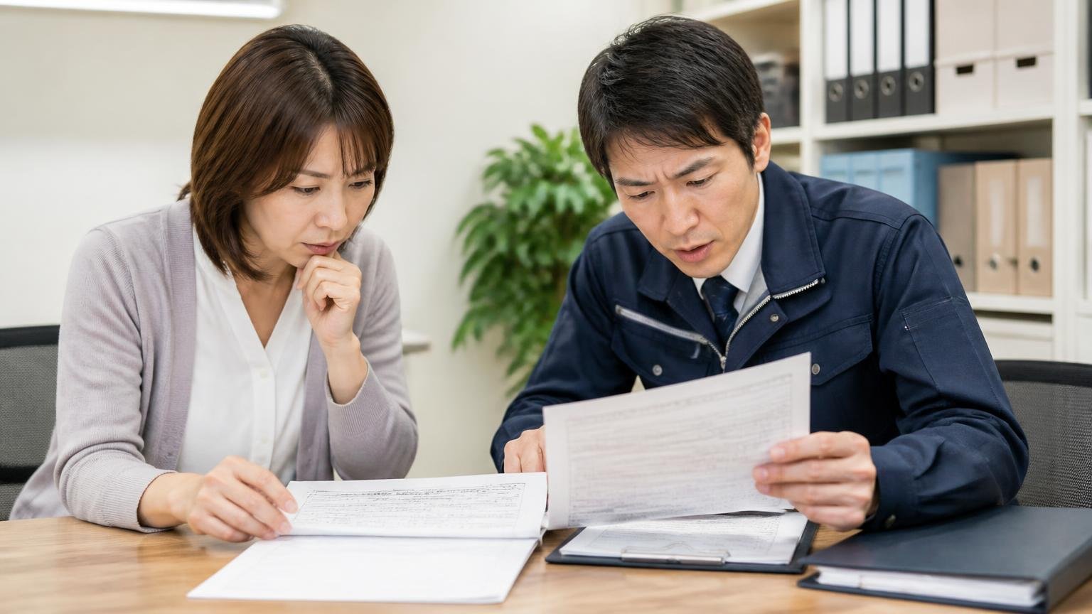 名義変更・自動車税・リサイクル料金はここだけ押さえる。事務所で車検証と書類を広げて確認する女性と男性が真剣な表情