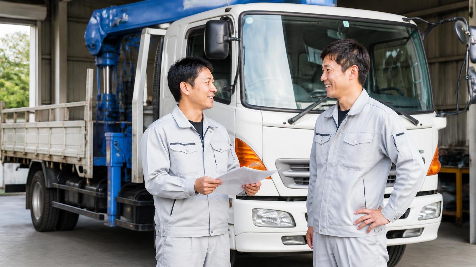 向いている人 車庫に停まったクレーン付きトラックの前で書類を手に笑顔で話す作業着の男性2人