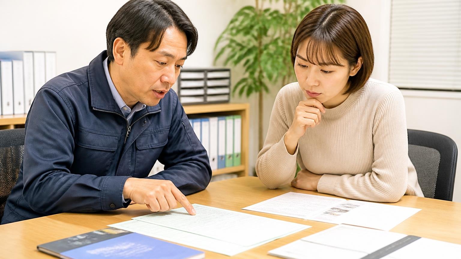 査定を受ける前に用意するもの・伝えること。事務所の机に車検証と書類を広げて確認する男女2人の場面