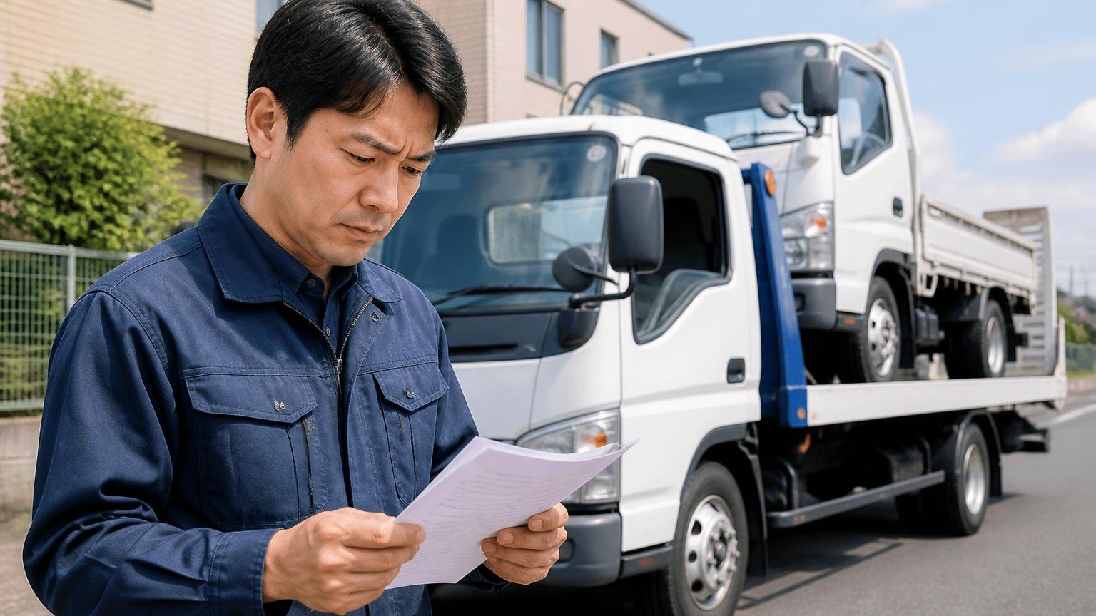 名義変更には期限がある事由の日から15日以内。積車に載せられるトラックの前で男性が書類を手に確認する