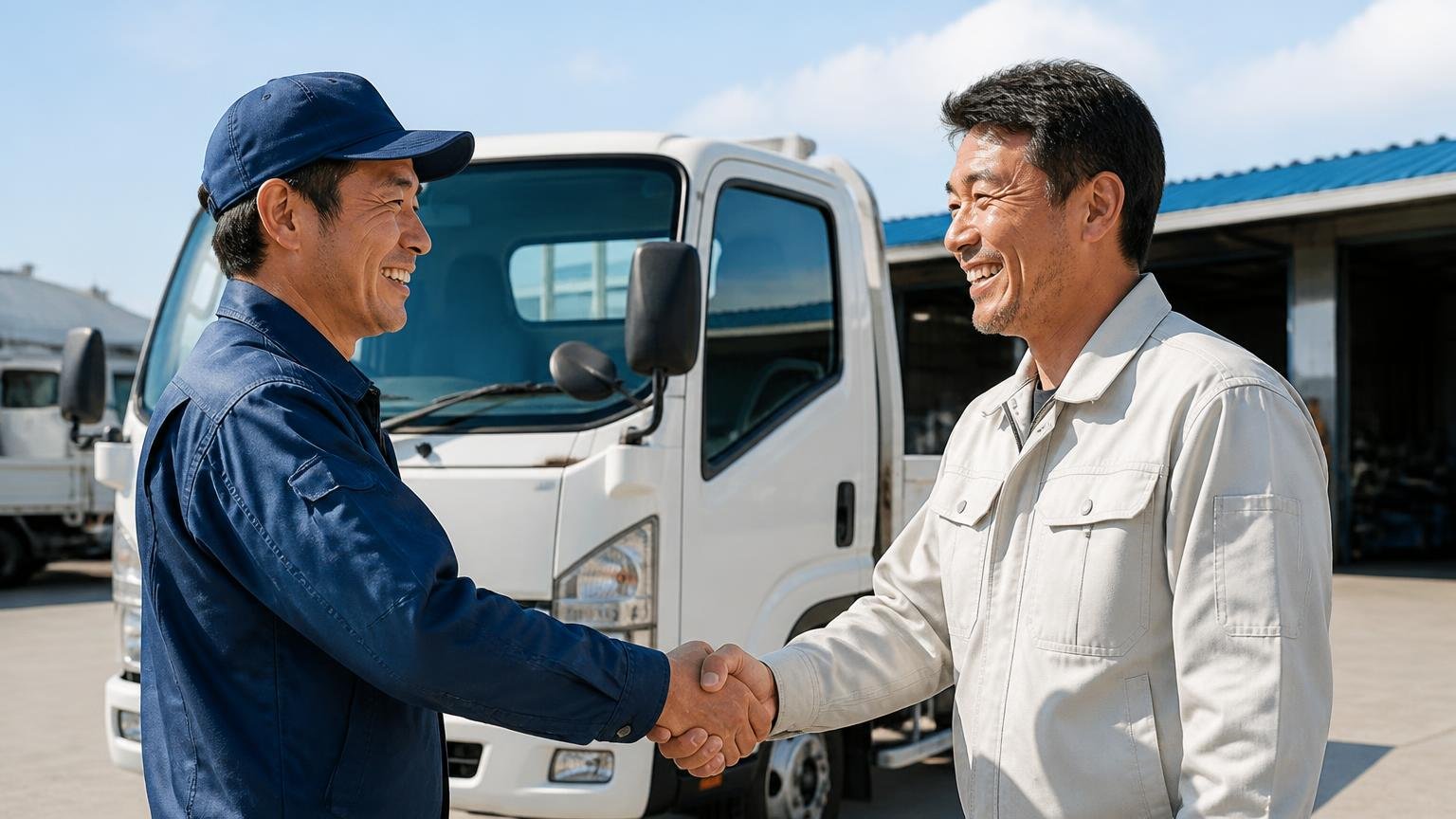 向いている人は近畿圏で2tから3tクラスの車両を持つ人／営業所の車庫に停まった2t平ボディの前で握手する2人／笑顔で安心した表情
