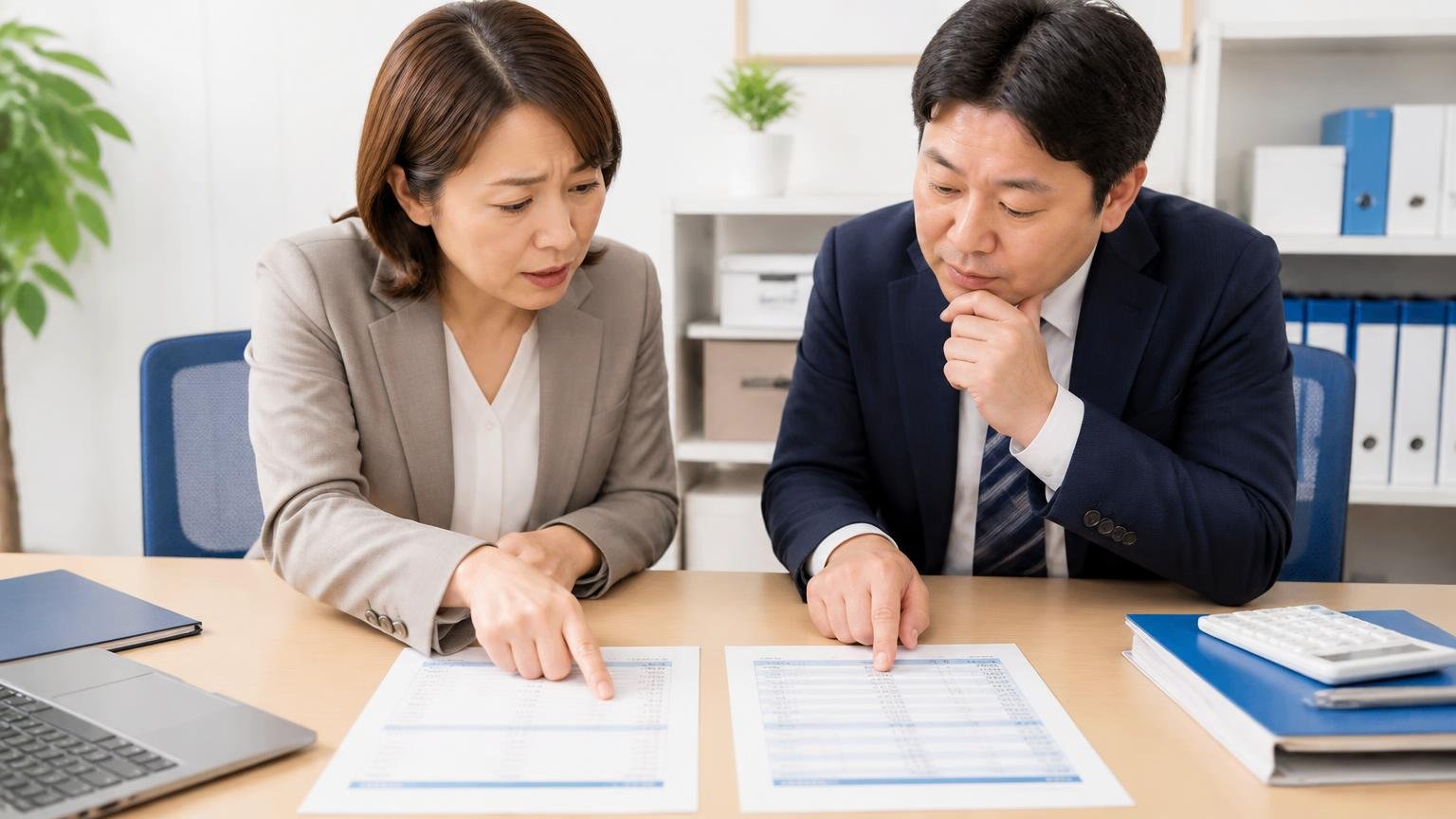 評判を確認したうえで金額を横に並べる相手をどう選ぶか 事務所の机に2社の見積書を並べて比べる場面 女性1人と男性1人 並べて指さす表情