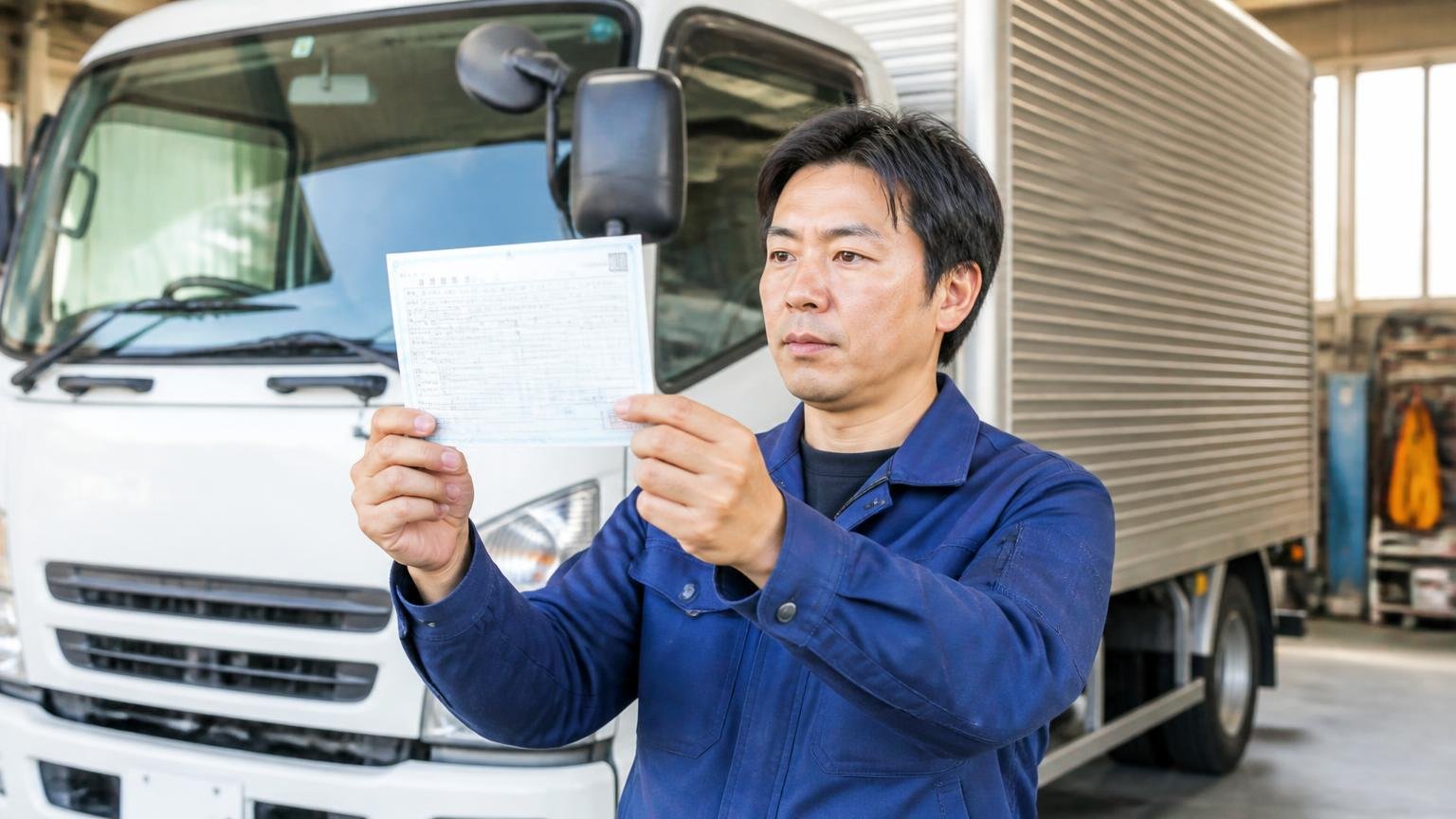 申込から引き渡しまでの流れ・車庫でトラックの写真を撮る男性1人が車検証を手に持つ
