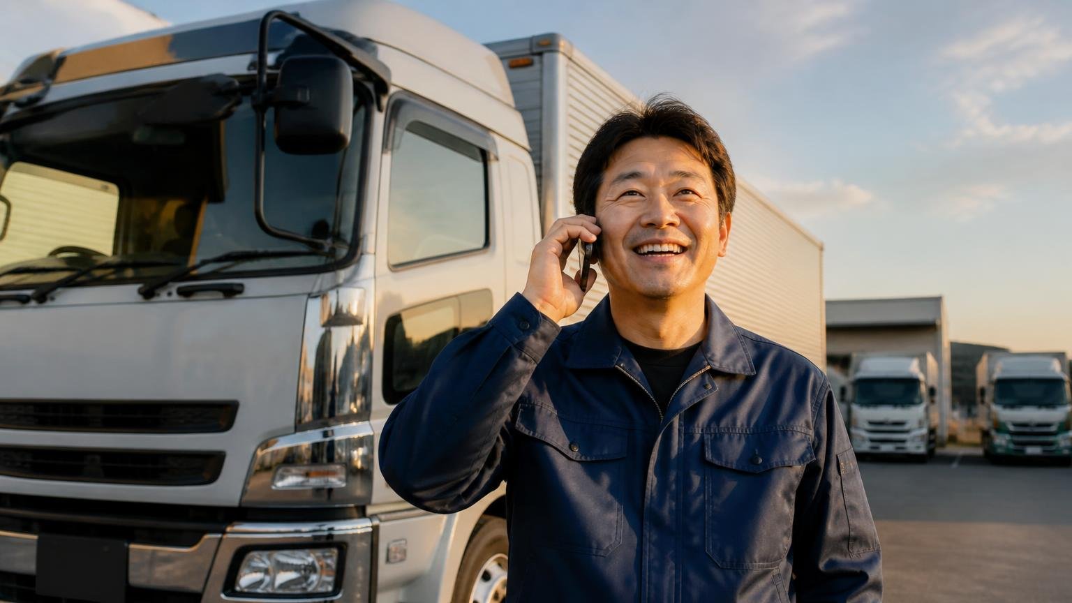 評判を読んで迷ったら、まず金額を並べる。無料査定に対応したトラック買取業者3選 夕方の車庫でトラックの前に立つ男性1人がスマホを耳に当て晴れやかな表情で話す