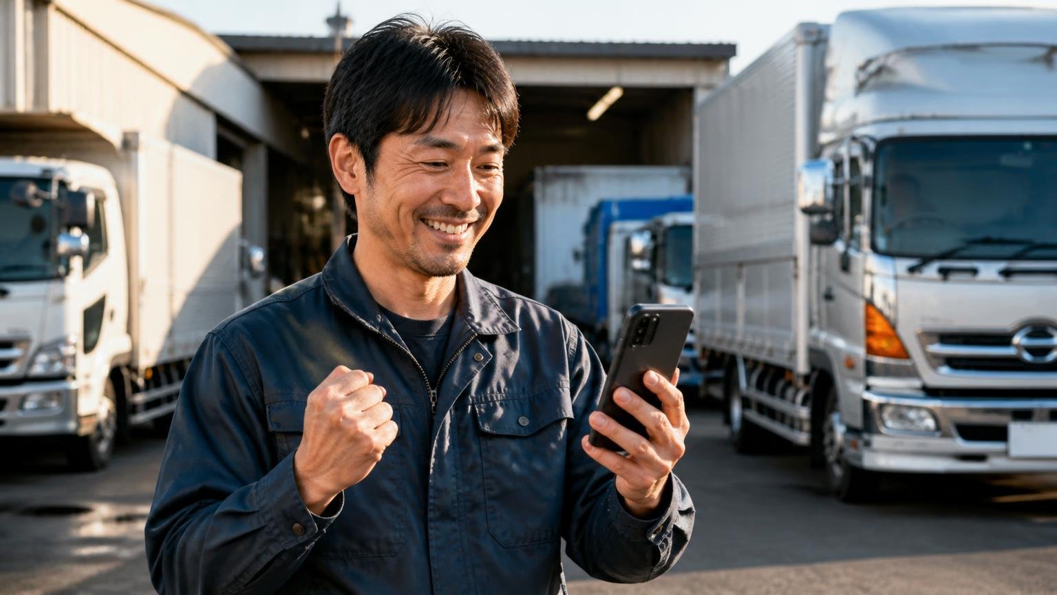 評判を読んだ次は金額を並べる番、無料査定を頼めるトラック買取業者3選 夕方の車庫でスマホから査定を申し込む男性1人が晴れやかな笑顔