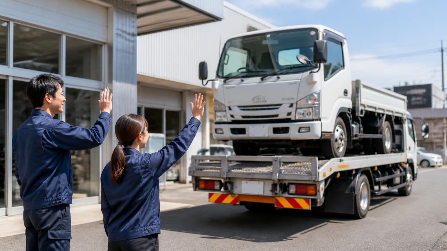 評判で迷ったら、まず金額を並べる|無料査定を頼めるトラック買取業者3選 積車に載るトラックを営業所前で笑顔で見送る男女2人、手を振る