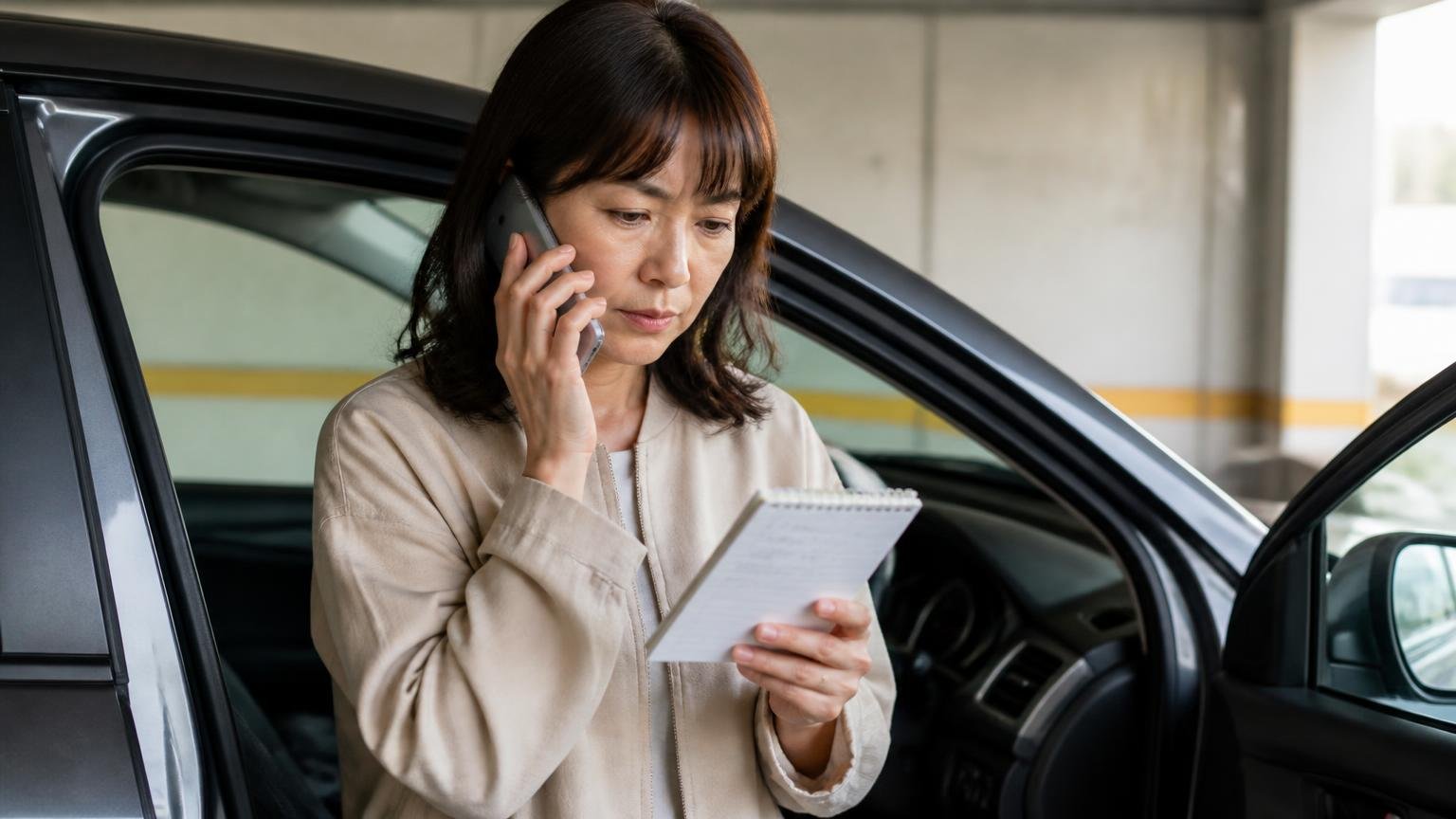 電話する前に決めておく4つの質問 早朝の車庫で運転席のドアを開け、メモを見ながら電話をかける女性1人、真剣な表情