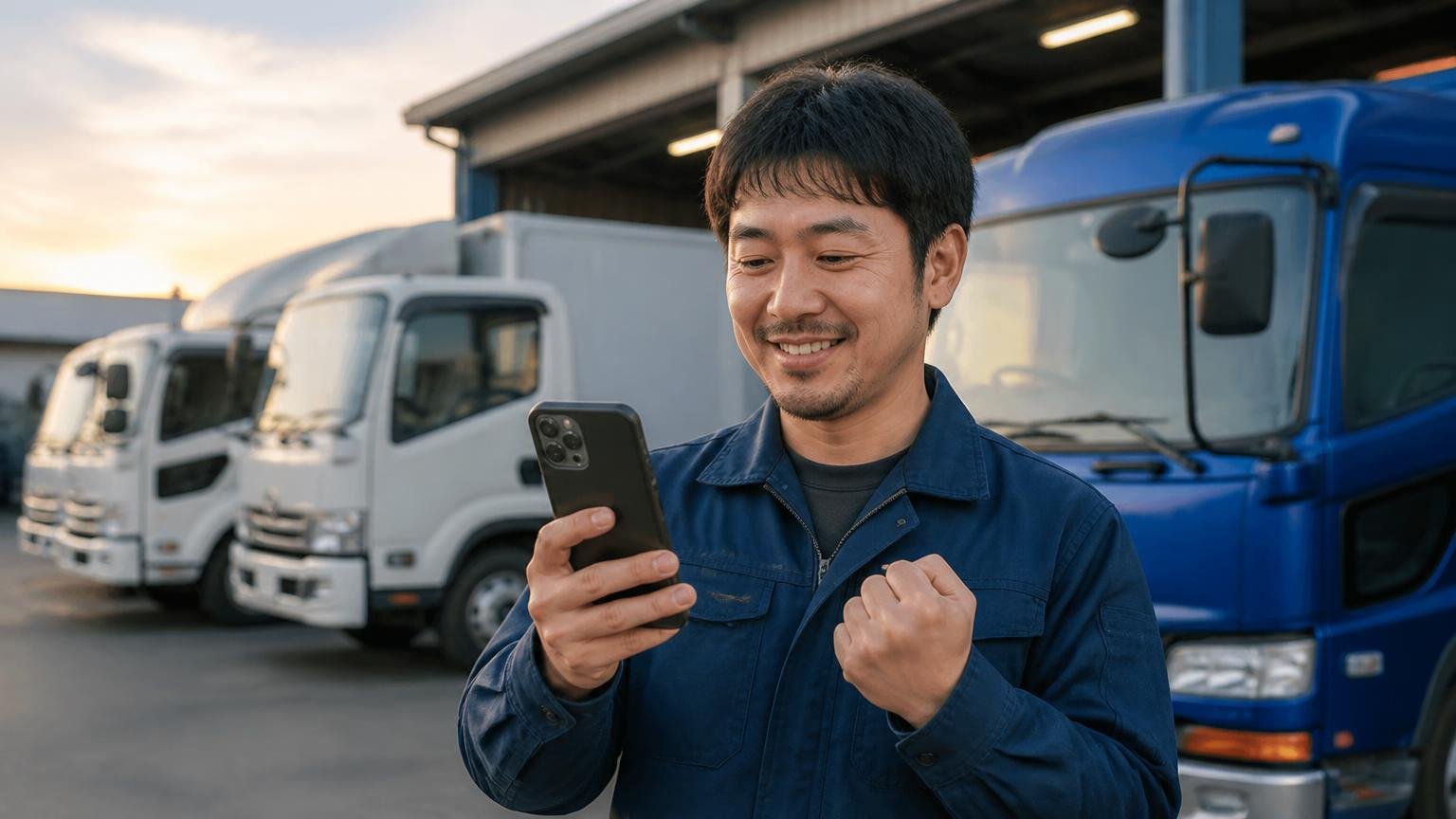 評判を読んで迷ったら、まず金額を並べる|無料で査定できるトラック買取業者3選 夕方の車庫でスマホから査定を申し込む男性1人、ほっとした笑顔