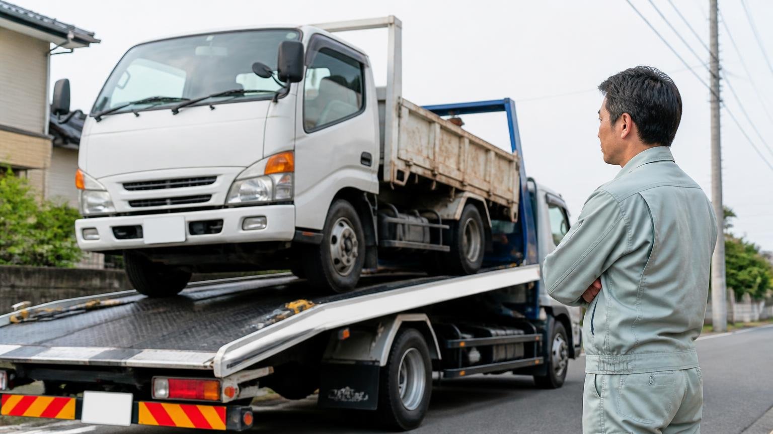 引き取りのレッカー費用は誰が持つか|積車に載せられる不動のトラックを見送る作業着の男性1人が腕を組む