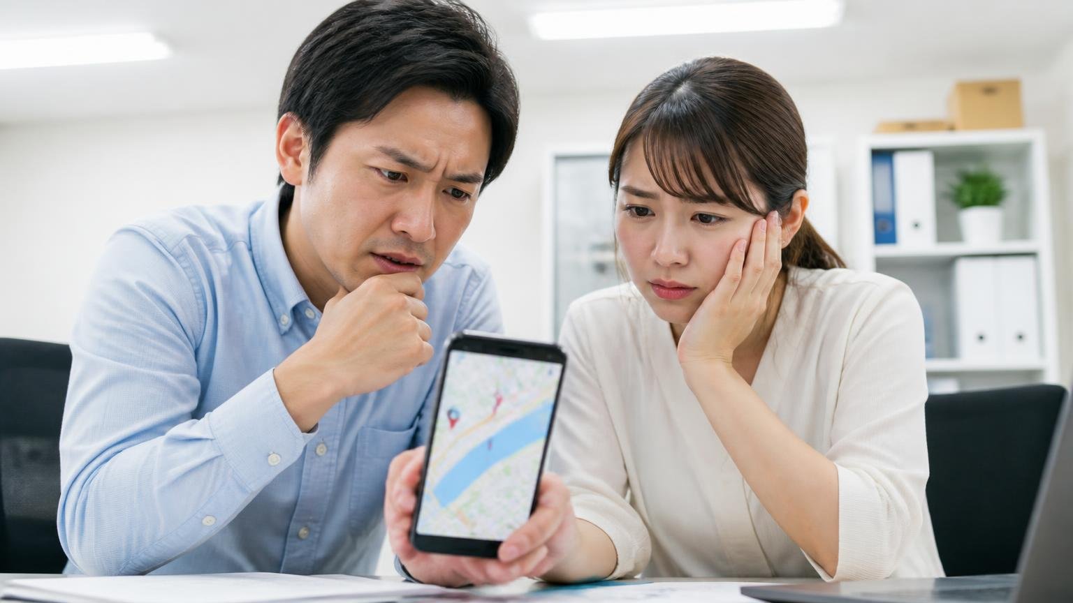 向いていない人の条件を確認する場面。事務所でスマホの地図を見せながら相談する男女2人が困った表情を浮かべる