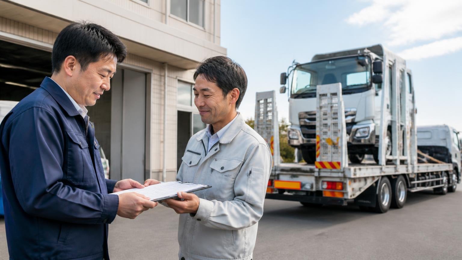 引き渡す前に必ず確認する名義変更の期限、積車に載せられるトラックを見送る営業所前、男性2人、書類を手渡しながら確認し合う