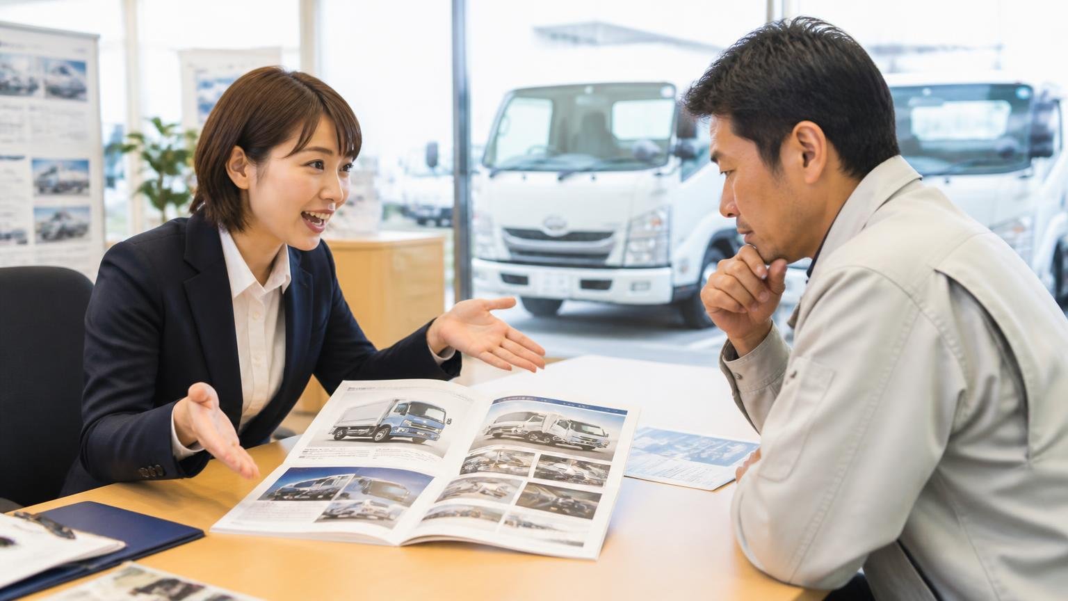 下取りと一括査定の使い分け。ディーラーの商談席で新車トラックのカタログを広げ身振りを交えて話す男女2人