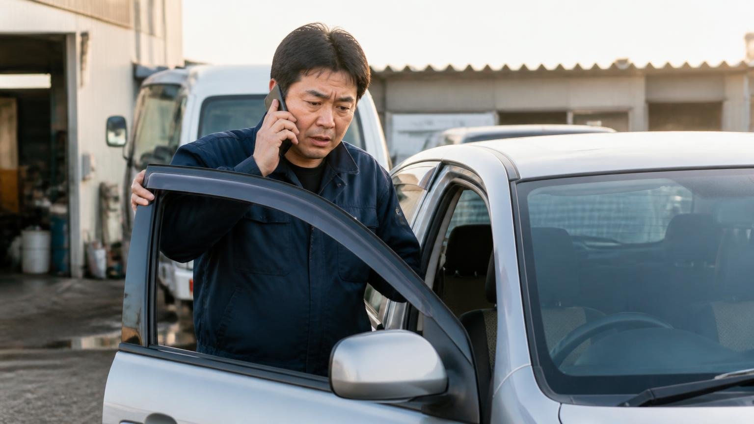 「電話で聞いた金額」と「実車を見た後の金額」は別物です 早朝の車庫で運転席のドアを開けて電話しながら車体を見る男性1人