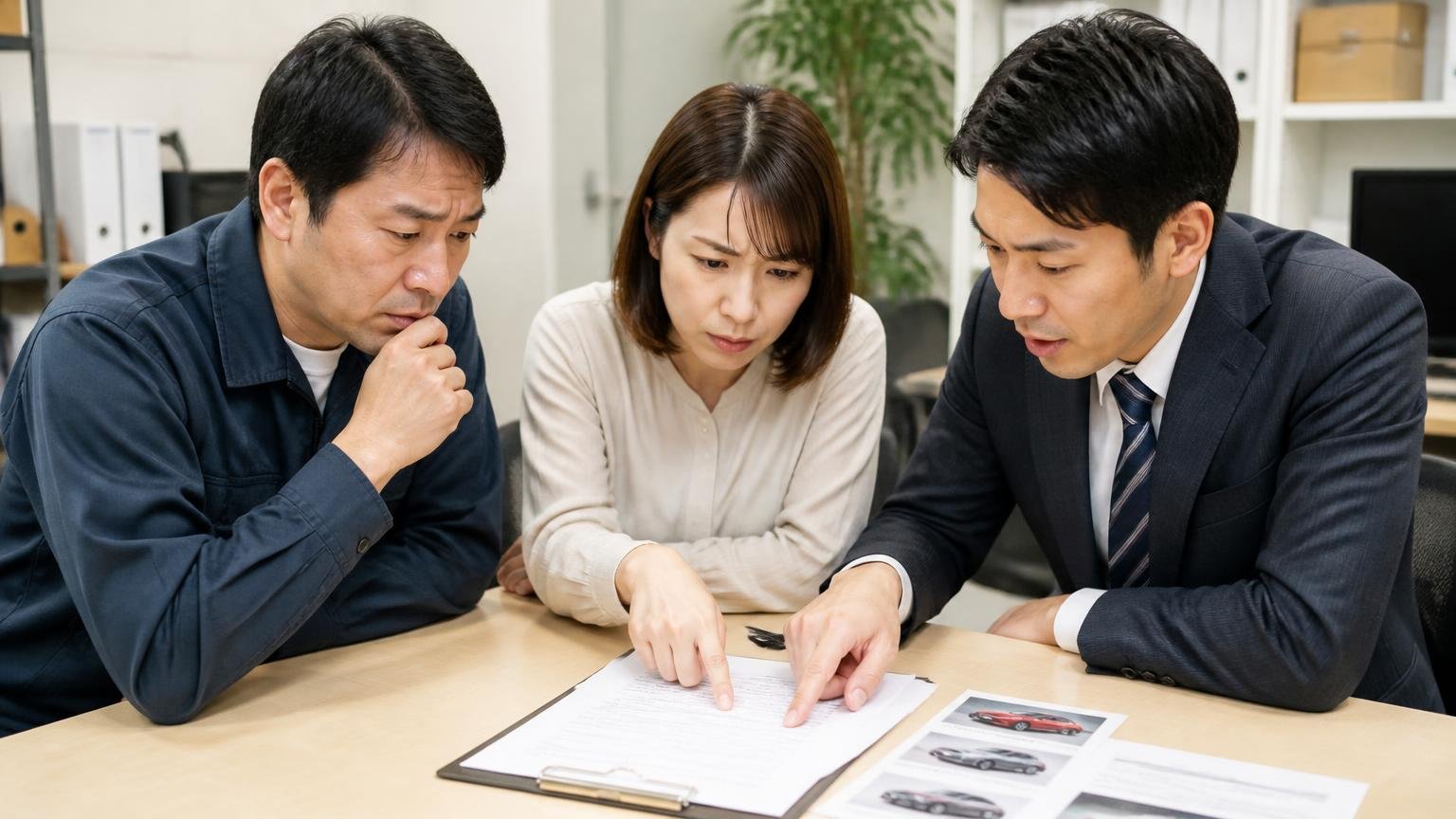 中古車の売却トラブルは業界全体で毎年数千件起きている 事務所で契約書を読み込む場面 男女3人 真剣に書面を指さす