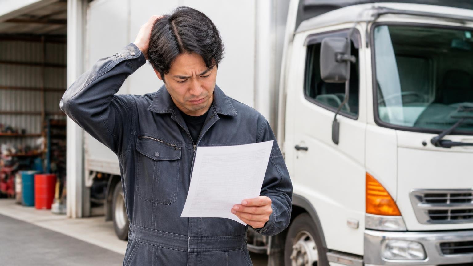 電話の概算額と当日の提示額が違う場面。車庫のトラックの前で見積書を手に肩を落とす男性1人