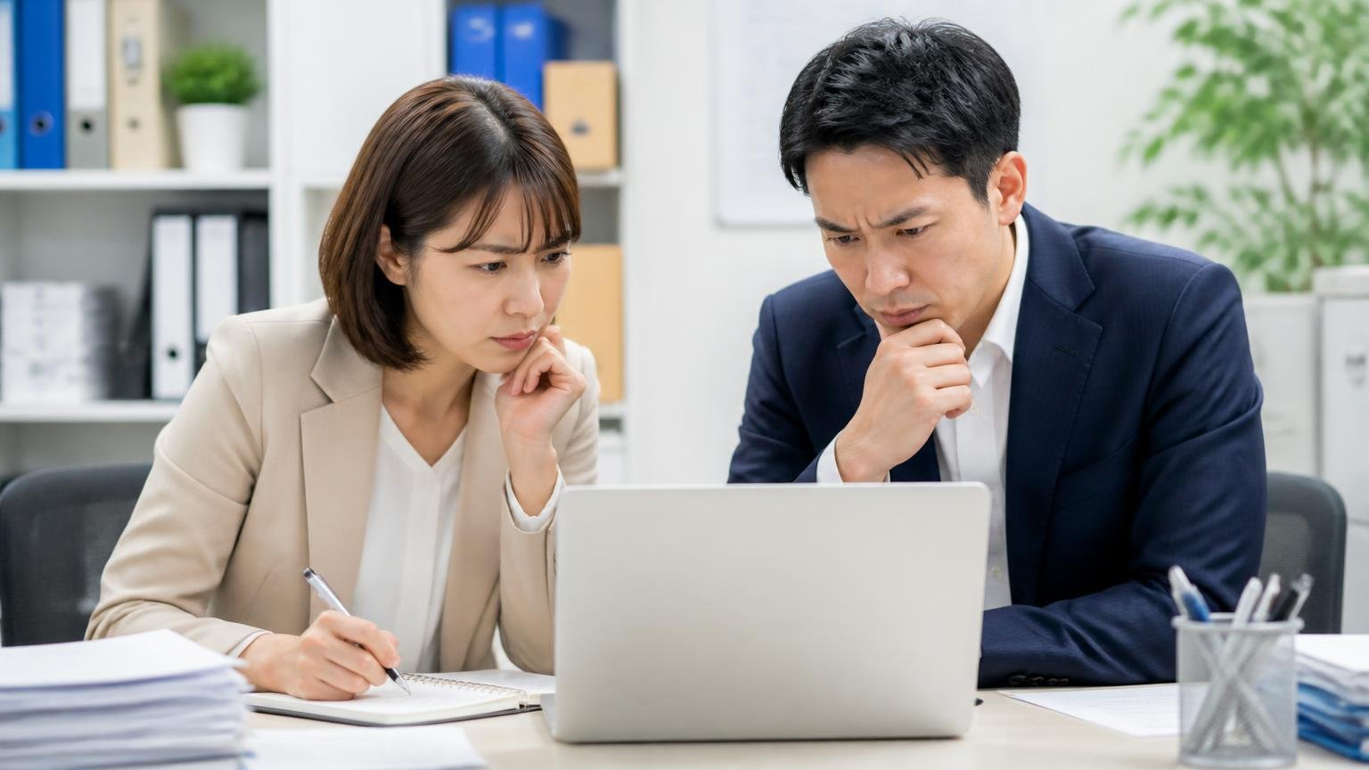 カネタニの評判についてよくある質問、事務所のパソコン前で質問を書き出す女性1人と男性1人が真剣な表情