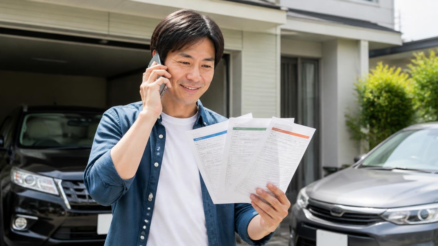 栗山自動車の査定額が妥当か確かめたい人が比較相手に選んでいる買取業者3選 車庫の前で複数の見積書を手に電話をかける場面 男性1人 前向きな表情