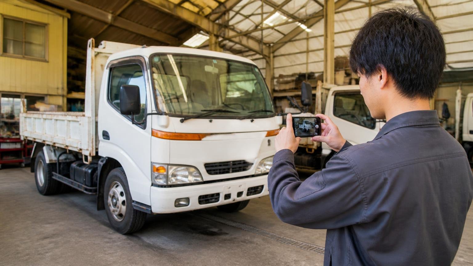 トラック買取業者の無料査定を1〜2社取り、同じ条件で並べる、車庫で2tトラックの写真をスマホで撮影する20代男性