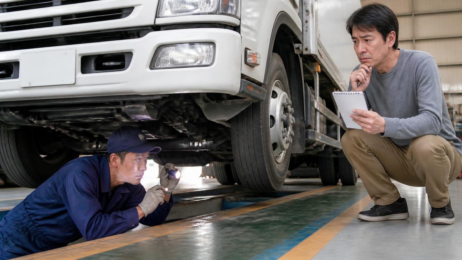 電話の概算と実車の査定額の差|減額の条件を先に聞いておく 車庫でトラックの下回りを見る査定員と、メモを手に不安そうに見守る男性