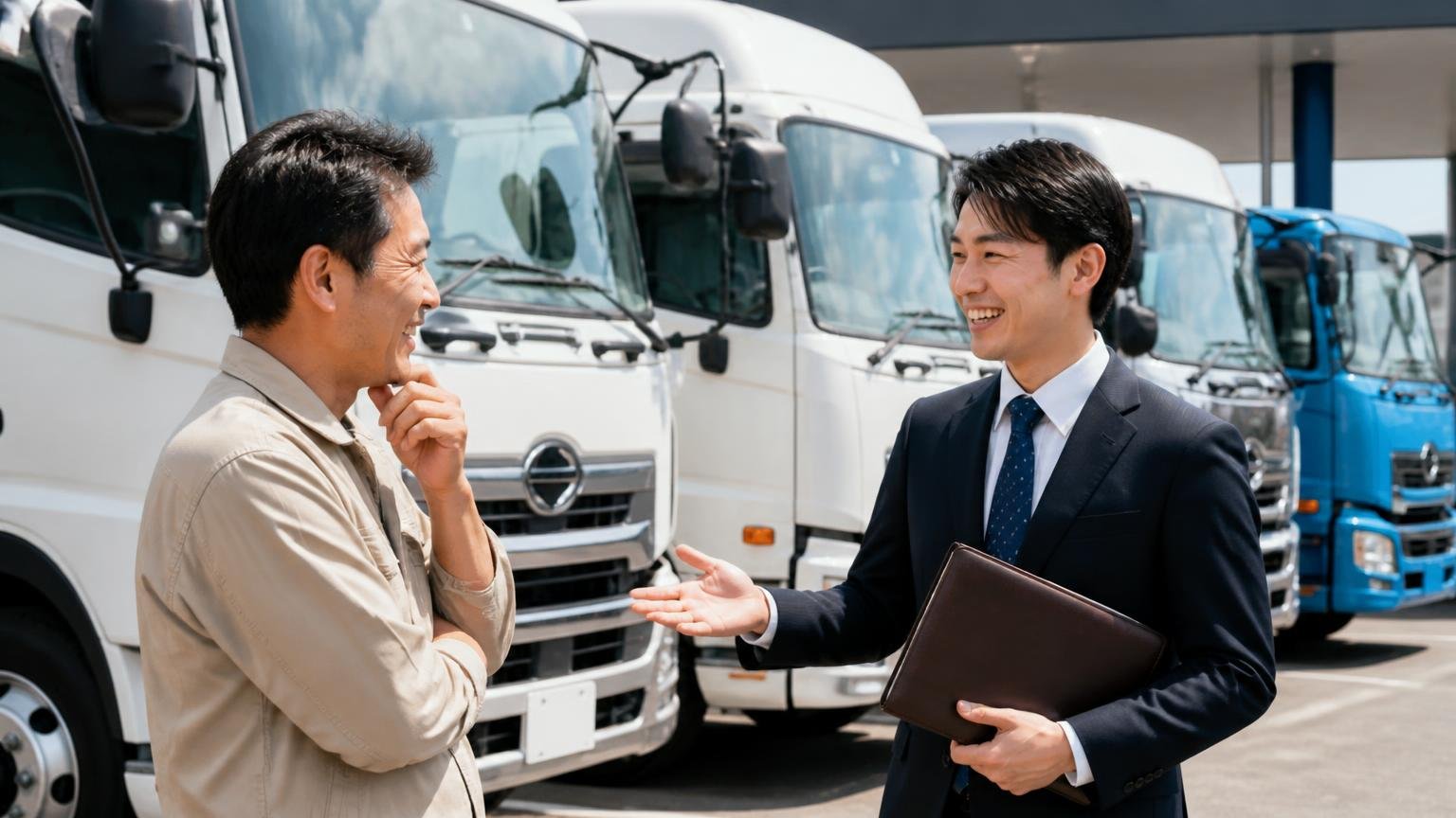 ディーラー下取りや一括査定が向いているケースもある(新車トラックが並ぶディーラーの店頭で、営業担当と客の男性が笑顔で話し込む)