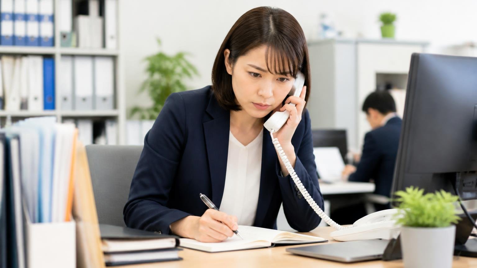 「電話で聞いた金額より下がった」を防ぐ3つの確認、事務所で電話しながらメモを取る30代女性1人が真剣な表情