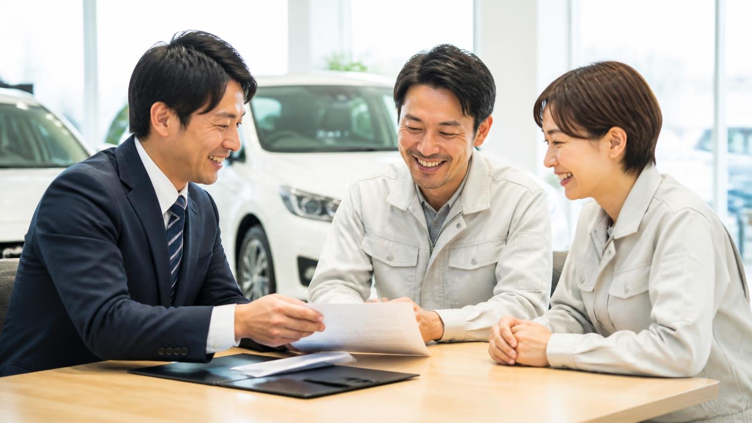 ディーラー下取りや一括査定が向いているケースもある(新車ディーラーのショールームで、担当者と運送会社の夫婦が笑顔で書類を確認する)