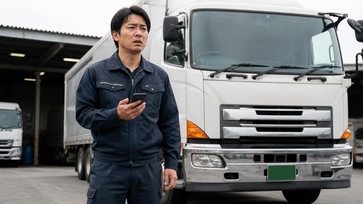 LINEや電話の金額を確定だと思い込み、減額やキャンセルの条件を書面で確認しない 車庫のトラックの前でスマホの通話を終えて呆然と立ち尽くす30代ドライバー