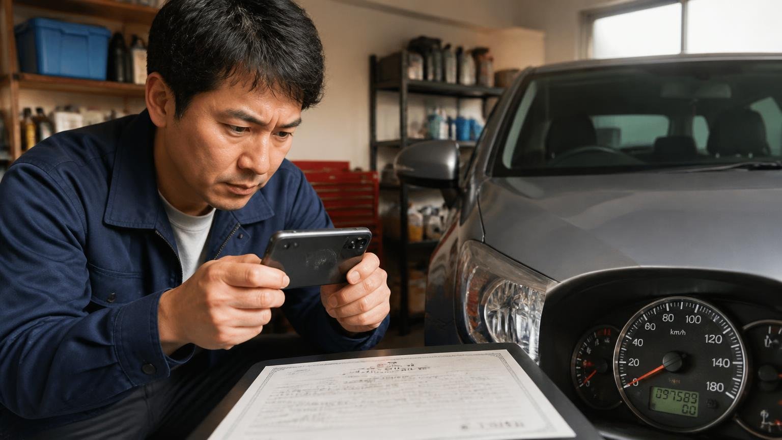 相見積もりは同じ条件で取ると差がはっきり見える、車庫で車検証とメーターの写真をスマホで撮る男性1人が真剣な表情