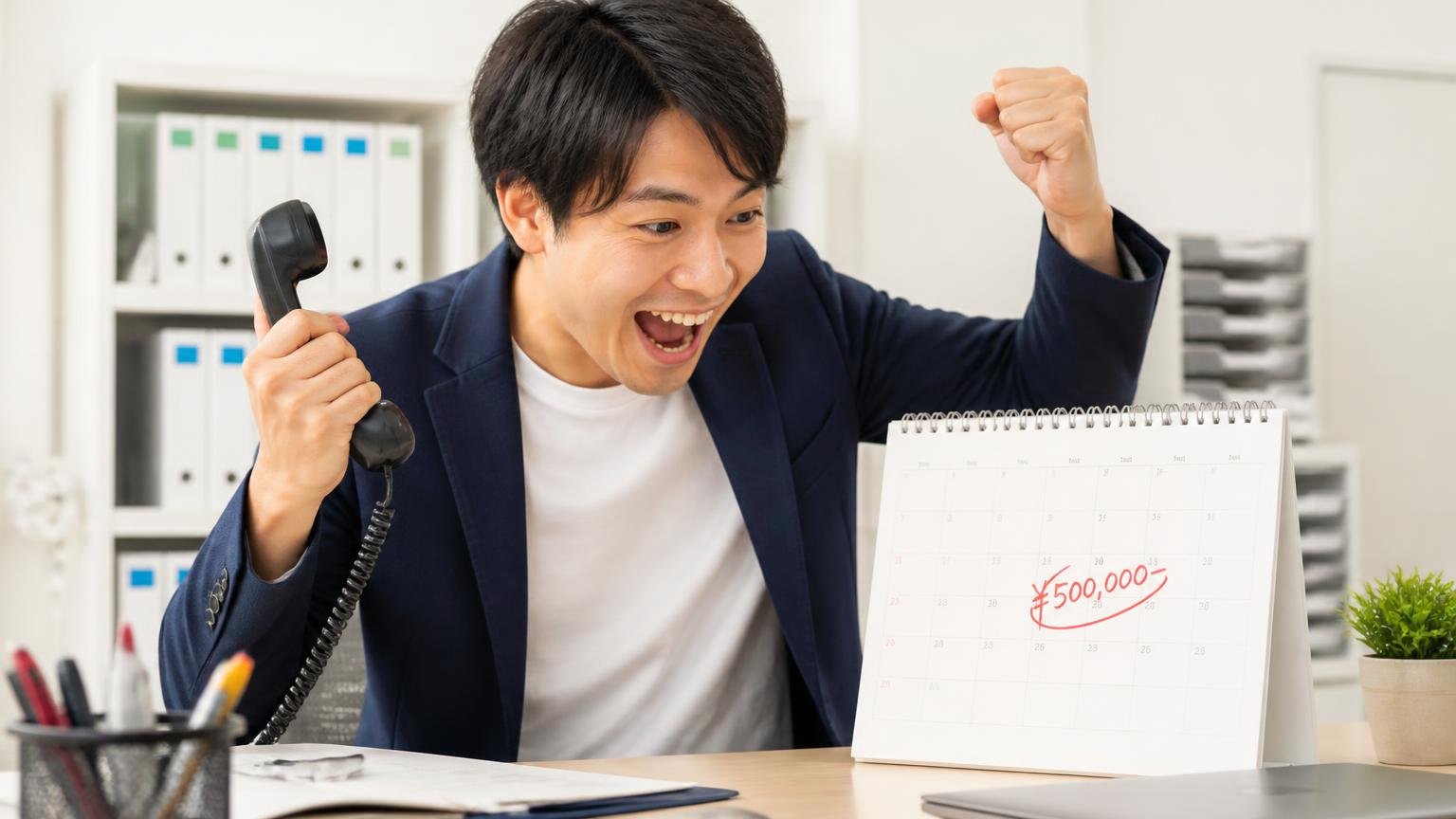 電話で聞いた概算を「決まった金額」だと思い込む、事務所で電話を切った直後にカレンダーへ金額を書き込みガッツポーズする若い男性1人