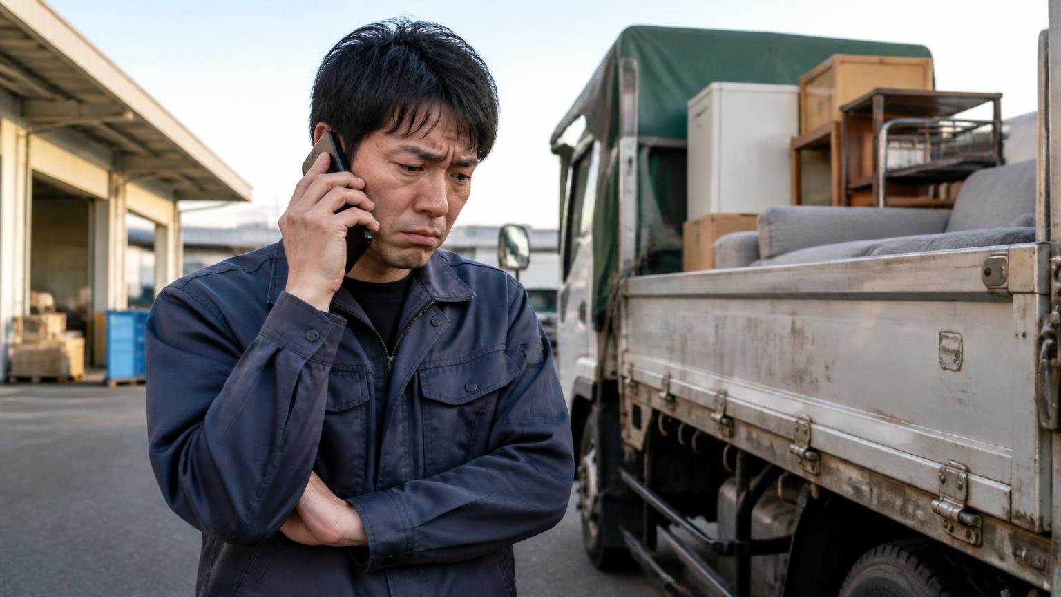 電話の概算をそのまま信じた失敗。早朝の車庫でトラックの荷台を前に電話しながら表情を曇らせる男性