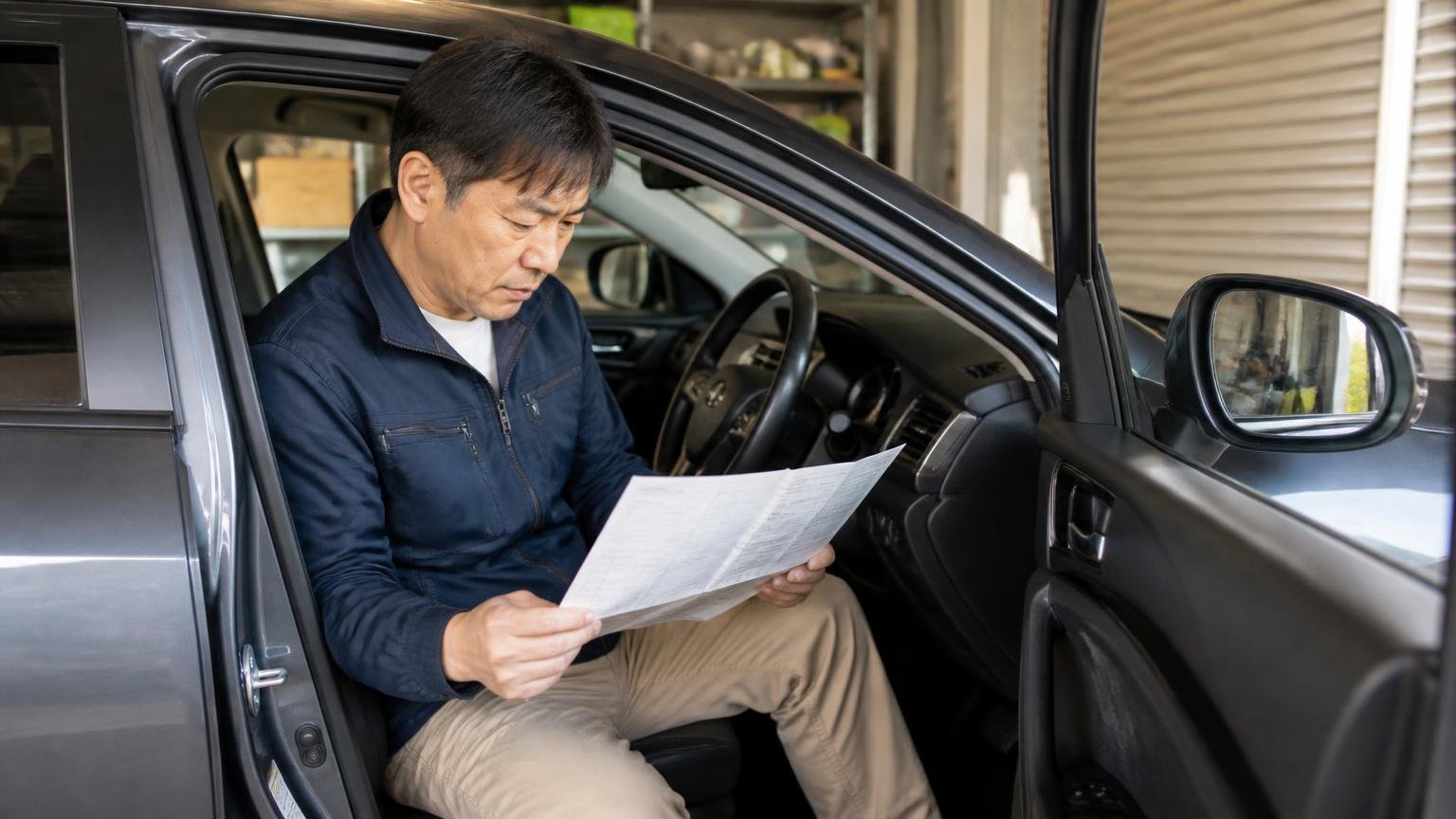 所有権留保が残っていたら査定の前にここを見る。早朝の車庫で運転席のドアを開け車検証を広げて確認する男性1人