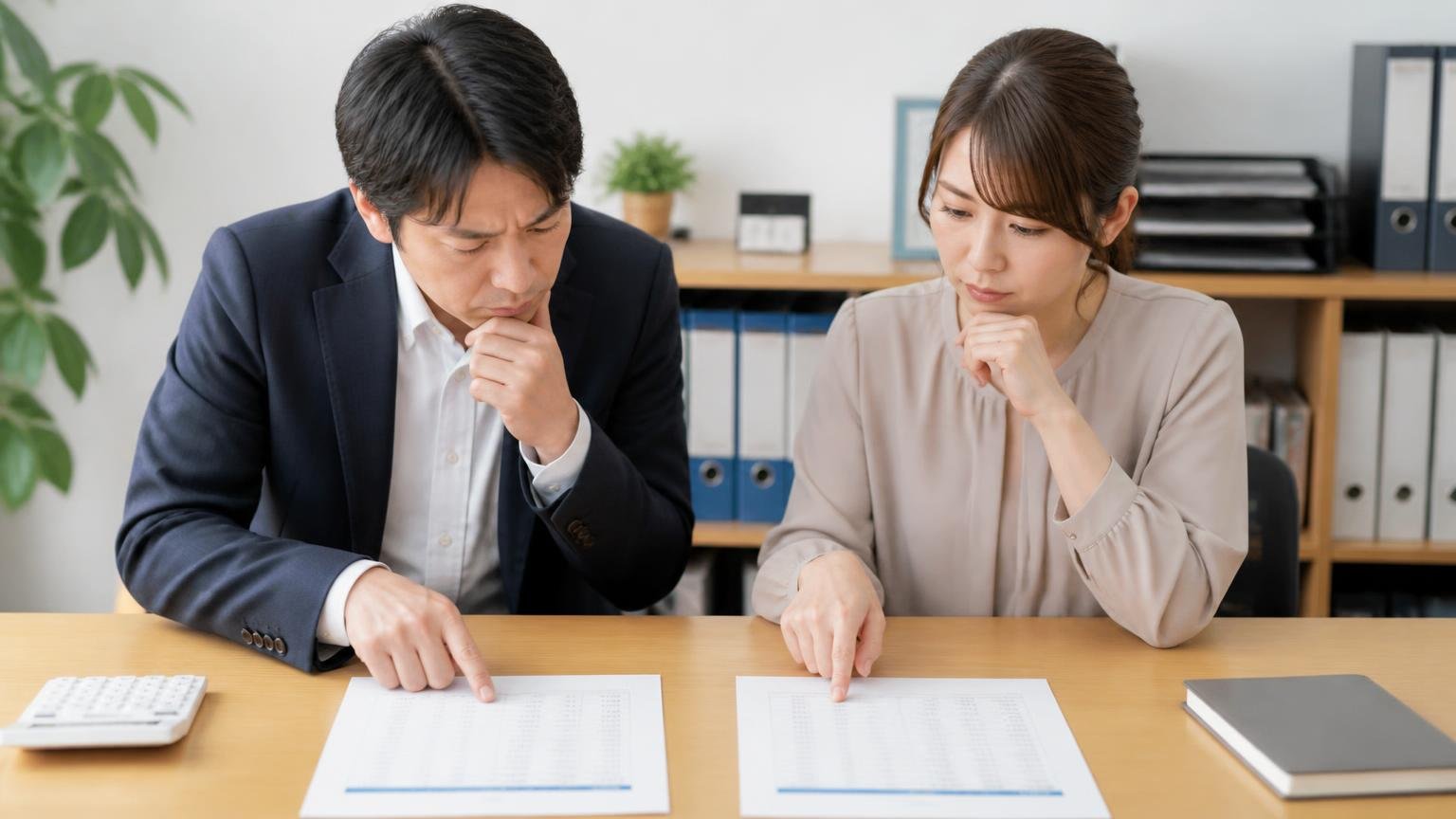 1社では決めない人 事務所の机に2枚の見積書を並べて見比べる男性と女性 真剣な表情