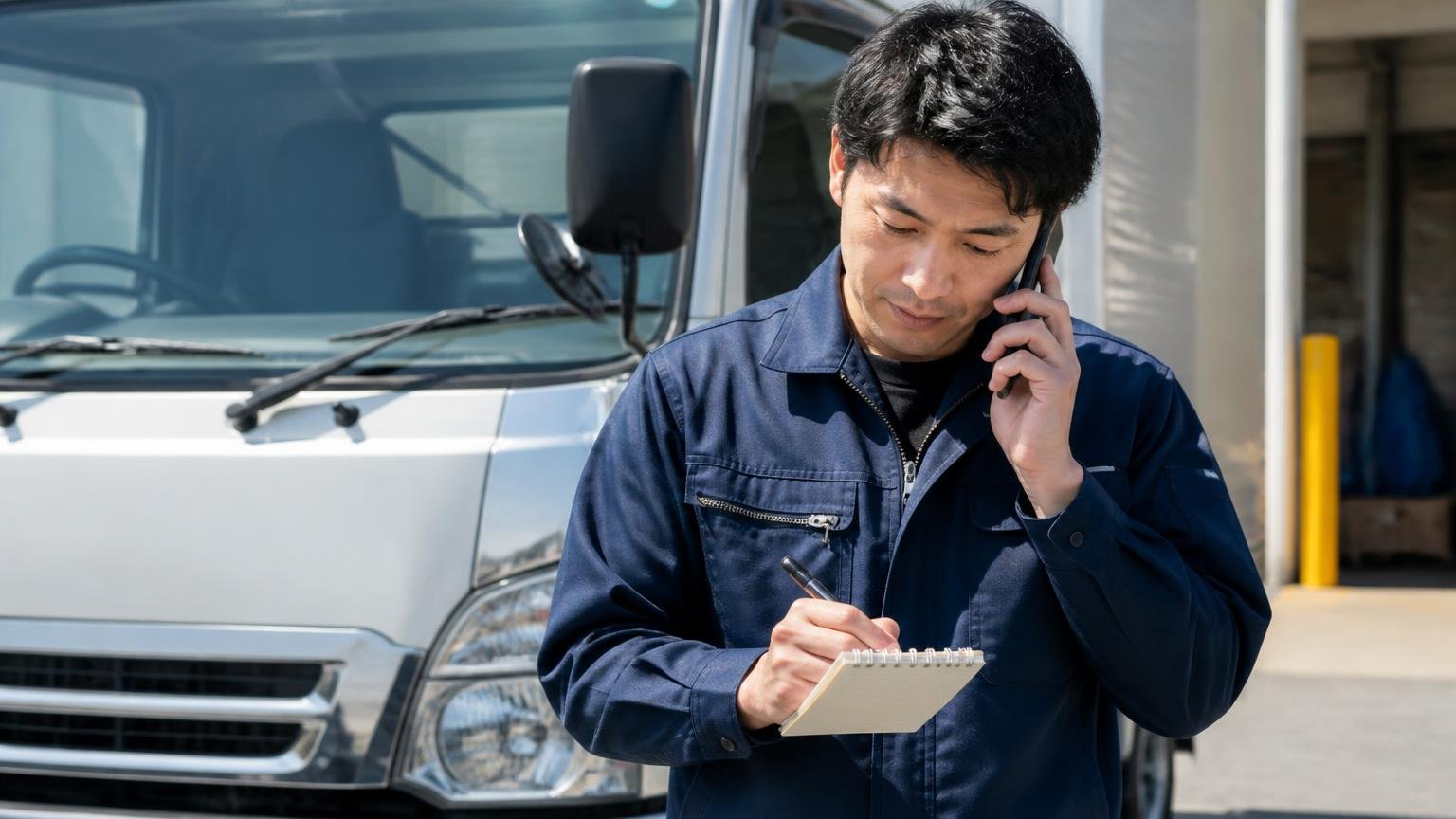 STEP2 電話や申込の最初に伝える3つのこと 車庫のトラック横 男性1人 スマホで話しながらメモ