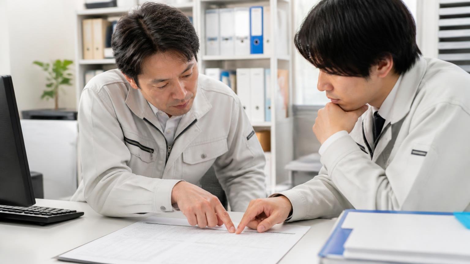 見積書のどこを見るか。営業所の机で見積書を指でなぞりながら項目を確認する男性2人が真剣な場面