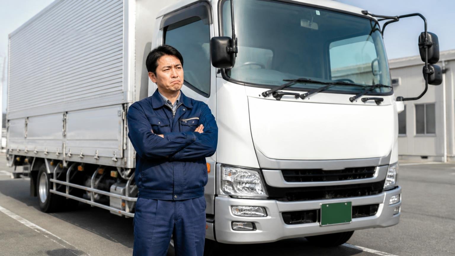 向いていない人:年式の浅い車両・エリア・スピードで条件がある人 営業所の駐車場で年式の新しい4tウイングを前に腕を組む男性1人