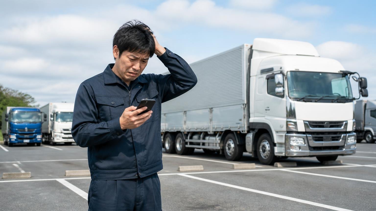 向いていない人は遠方や大型特殊車両や即日現金が必要な人／大型トレーラーが停まる広い駐車場でスマホを見て困る男性1人／頭を抱えるしぐさ