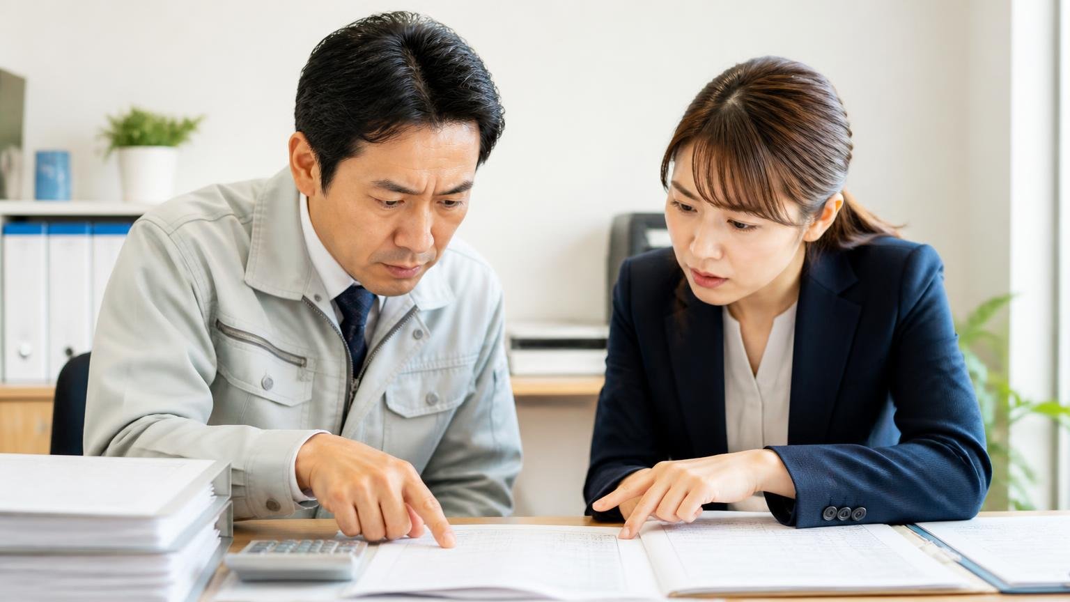 見積書で必ず確認する項目・事務所で見積書の内訳を指でなぞる男女2人が真剣な表情