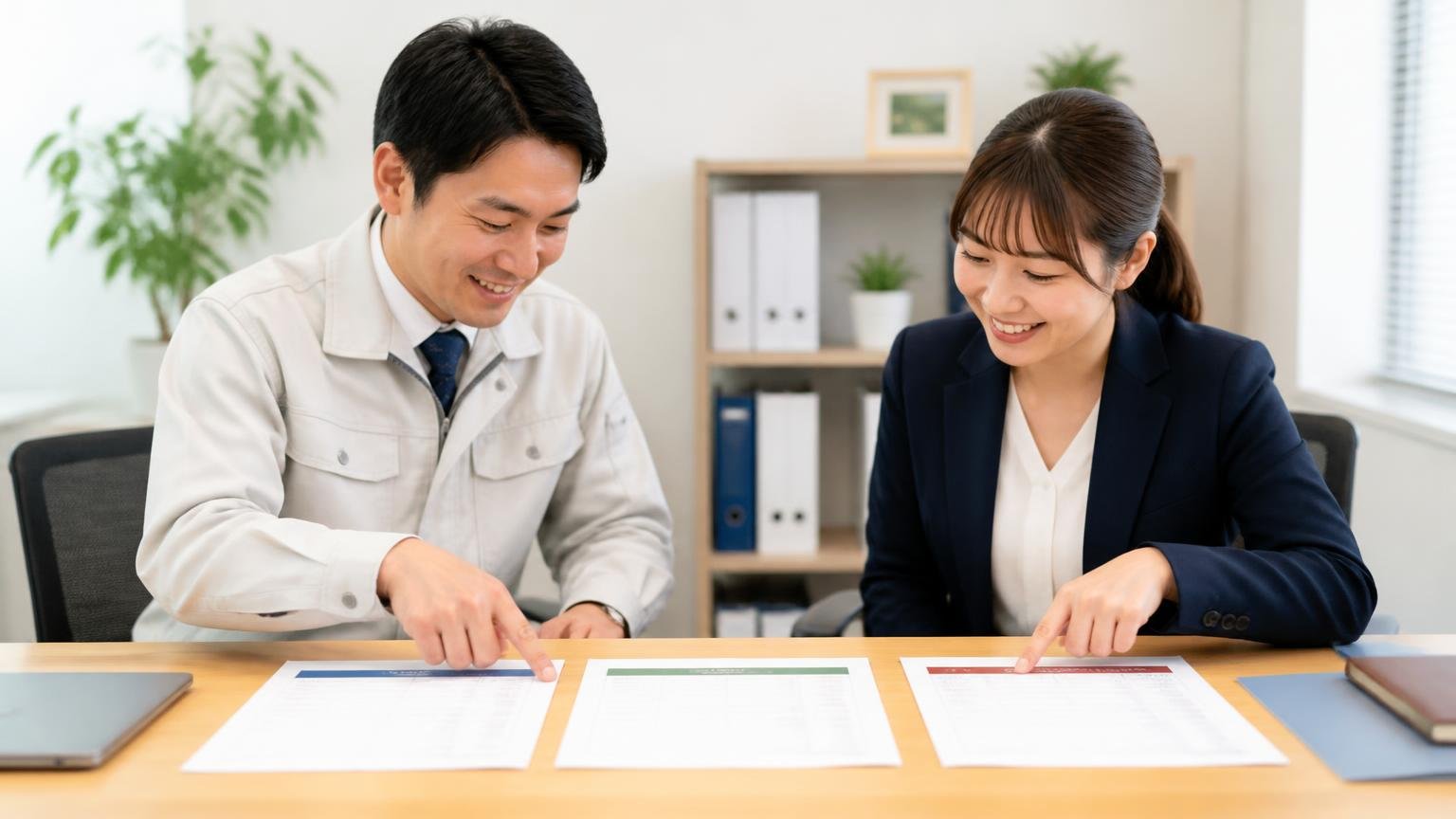金額は書面でもらい、2〜3社を横に並べる 事務所の机に見積書を3枚並べて指さし比べる男女2人、晴れやかな表情
