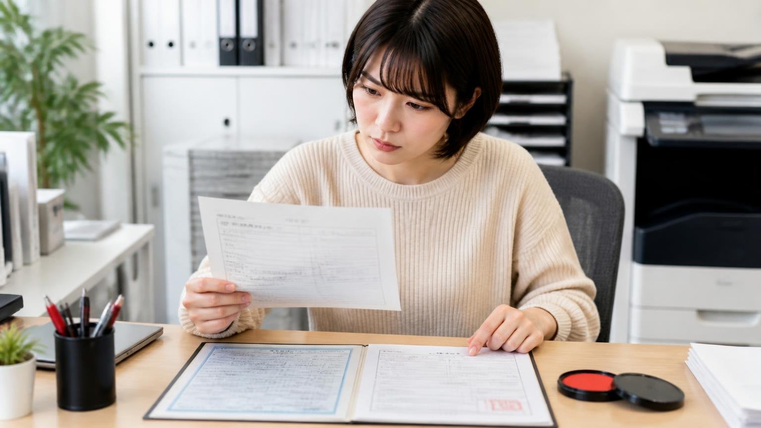 名義変更の完了日と必要書類|国交省の一次情報で確認する、事務所の机で車検証と印鑑証明書を並べて確認する女性1人が真剣な表情