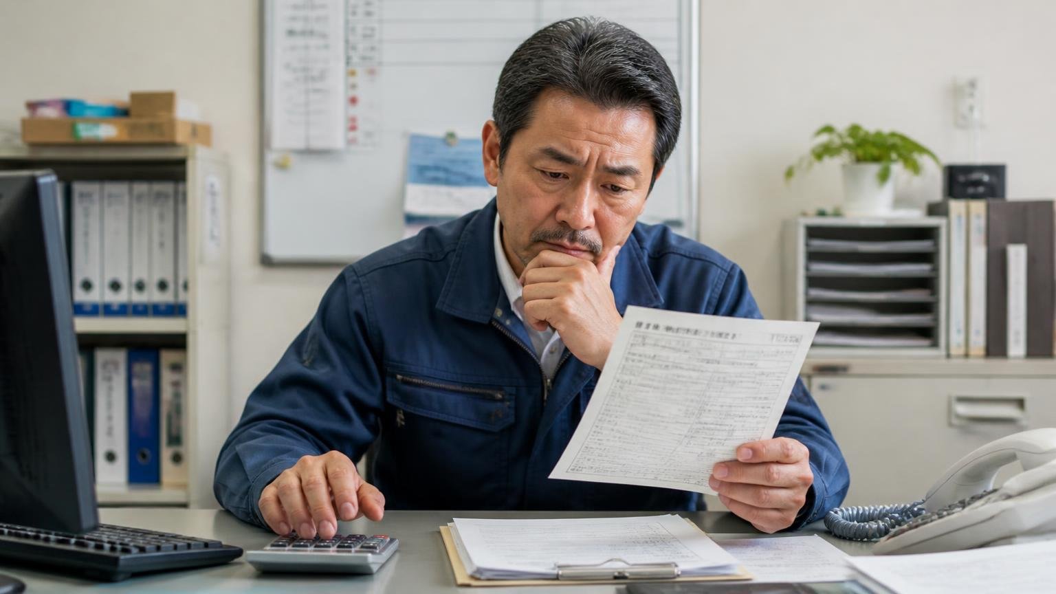 自動車税は名義変更では還付されない、事務所で県税事務所からの納税通知書を手に電卓を叩いて考え込む運送会社の社長の男性1人