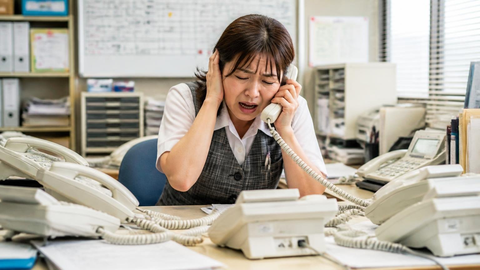 営業電話の多さと、査定額の高さを混同する。運送会社の事務所で鳴り続ける電話にうんざりした顔で受話器を押さえる事務員1人
