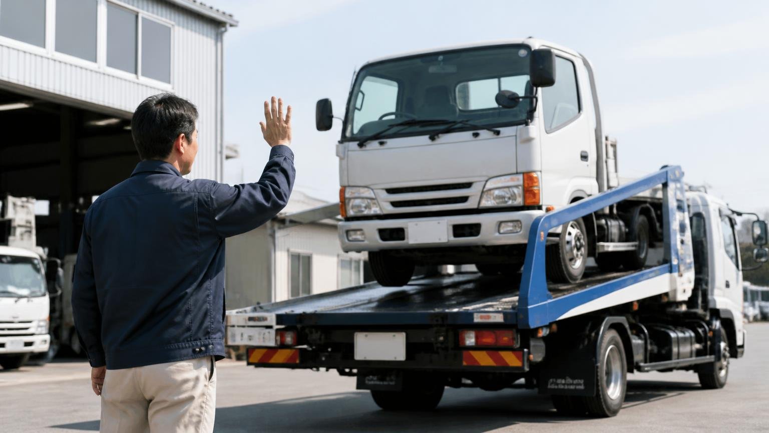 まずは無料の出張査定と書面の見積もりを2〜3社から｜江口車輌販売の金額を確かめる相手はここ。営業所の前で積車に載るトラックを見送る男性1人