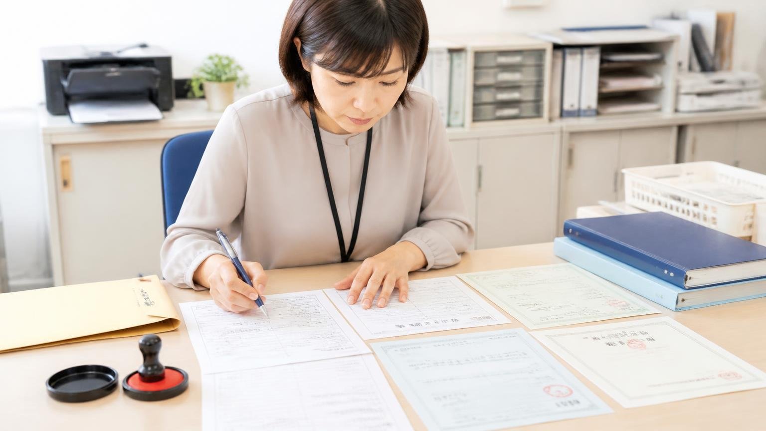 必要書類チェックリスト 事務所の机に印鑑証明書や車検証を並べて一枚ずつチェックする女性事務員1人