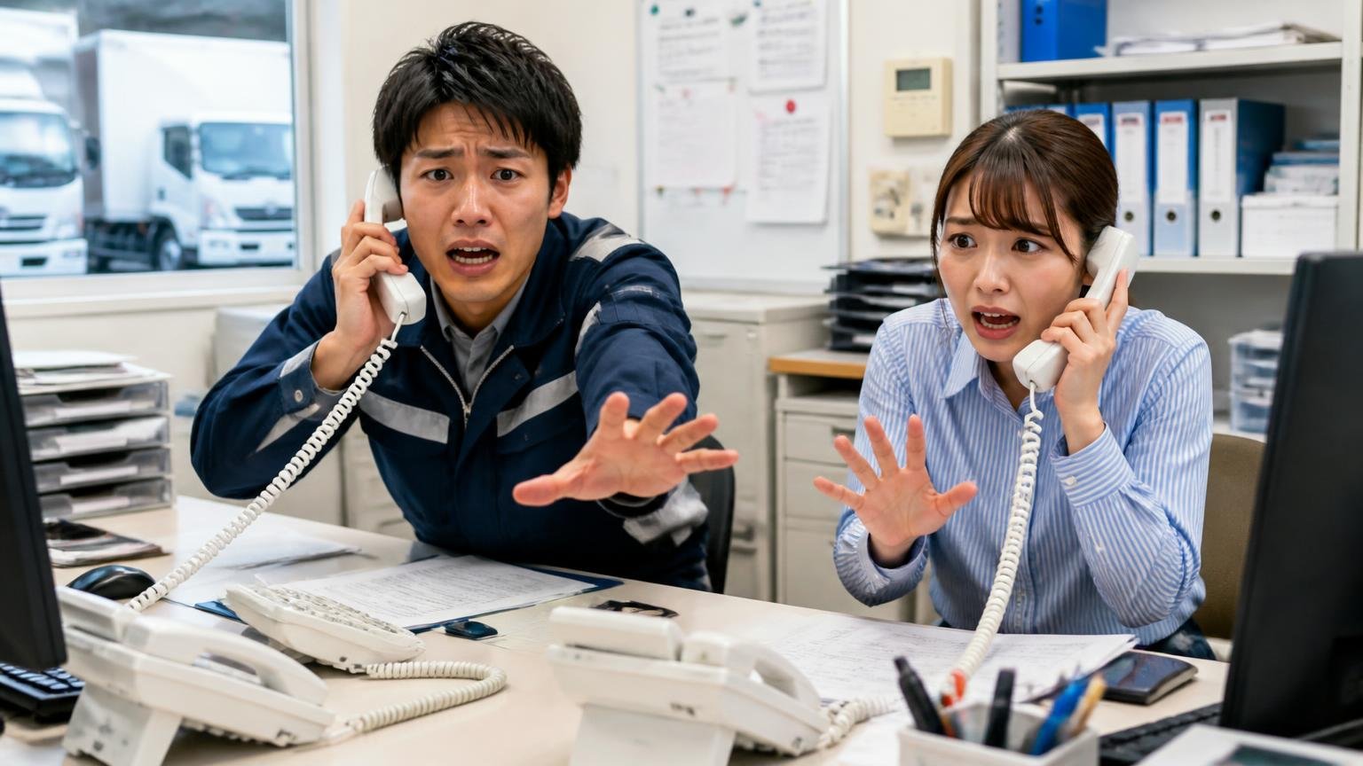 一括査定サイトが向いているのはこんなとき 運送会社の事務所で鳴り続ける電話に慌てる若い男性ドライバーと女性事務員