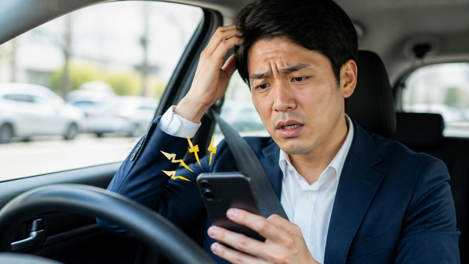 一括査定サイトが向いている人と、電話を減らすコツ|運転席で次々に鳴るスマホを見て困った顔をする30代男性のドライバー
