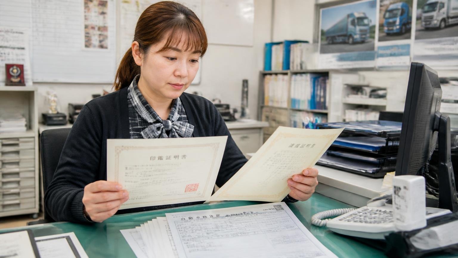 売却に必要な書類|運送会社の事務所で印鑑証明書と譲渡証明書をトラックの車検証と一緒にそろえる事務担当の女性1人