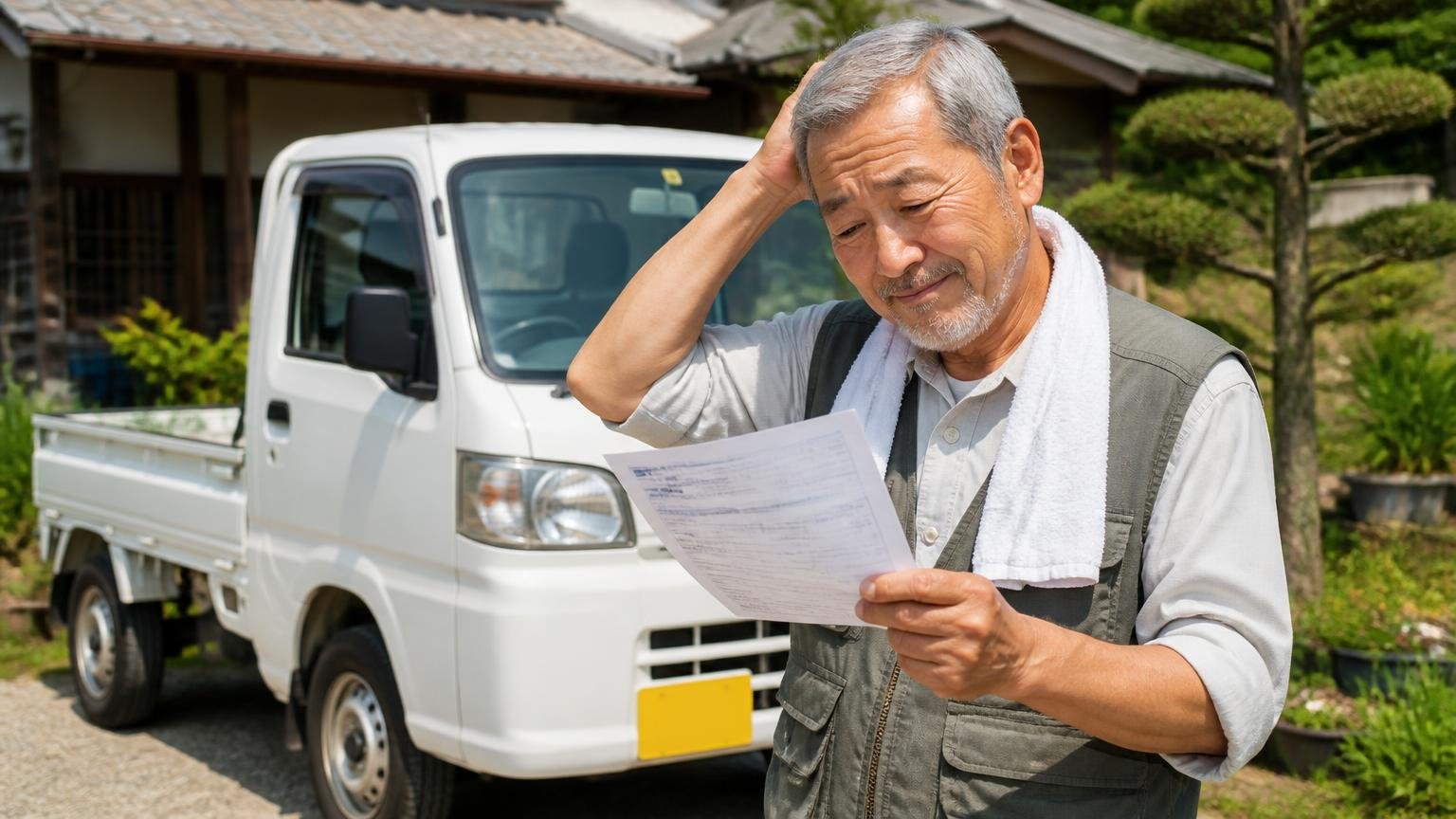 軽トラックは軽自動車税の還付がない 農家の庭先に停めた軽トラックの前で、年配の男性が税金の通知を手に苦笑いする場面