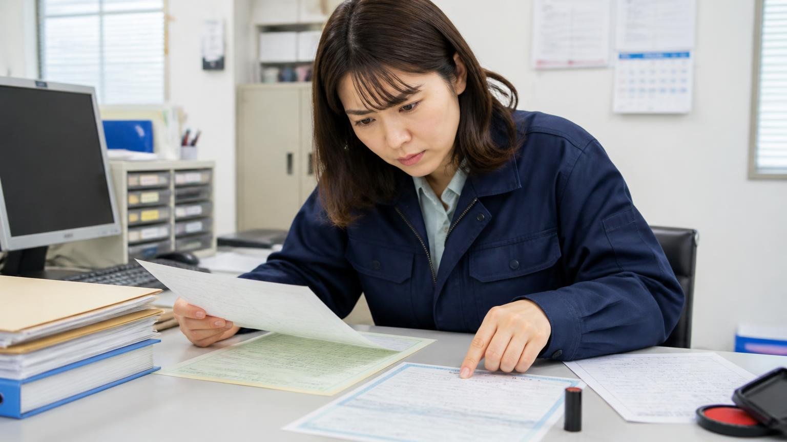 売るときに用意する主な書類、運送会社の事務所の机に車検証や印鑑証明書を並べて真剣に確認する女性