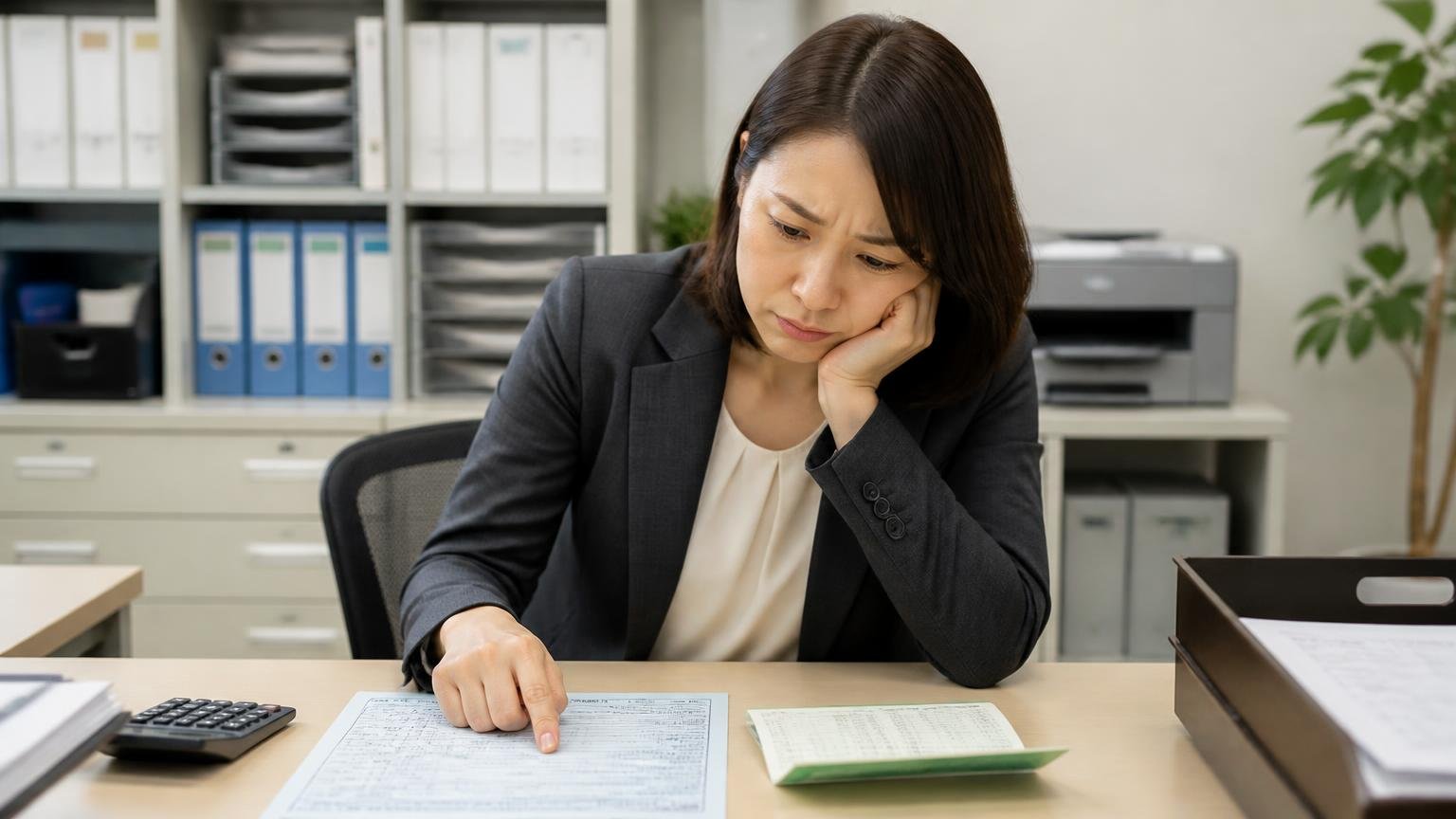 入金はいつか名義変更はいつ完了するか|事務所の机で車検証と通帳を並べて確認する女性1人が心配そうな表情